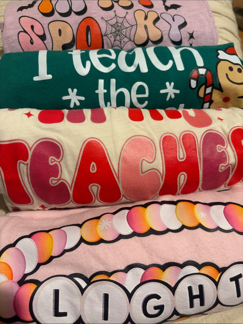 4 Colorful Graphic Teacher & Holiday Tee Bundle MED